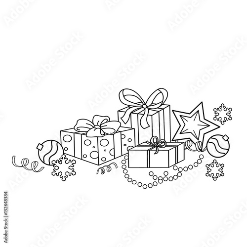Coloring Page Outline Of cartoon Christmas ornaments and gifts. Christmas. New year. Coloring book for kids