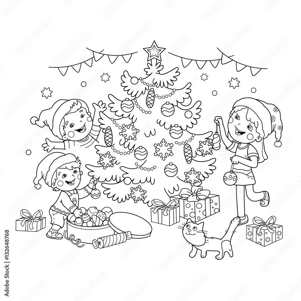 Coloring Page Outline Of children decorate the Christmas tree with ornaments and gifts. Christmas. New year. Coloring book for kids
