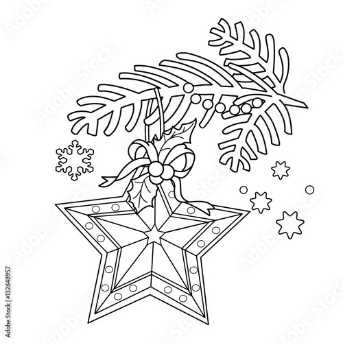 Coloring Page Outline Of Christmas decoration. Star. Christmas tree branch. New year. Coloring book for kids