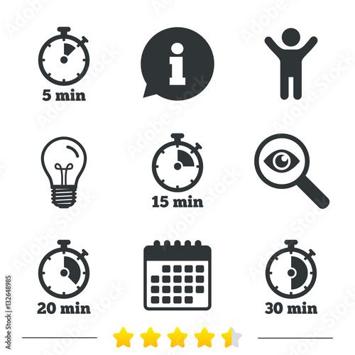 Timer icons. Five minutes stopwatch symbol.