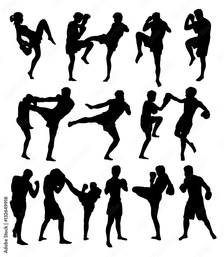 Muay Thai Or Kickboxing Silhouettes, art vector design