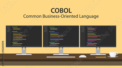 Illustration of COBOL - Common Business Oriented Language programming  code displayed on three monitor in a row at programmer workspace