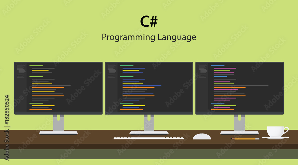 Illustration of C programming language code displayed on three monitor ...