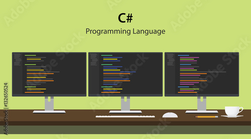 Illustration of C programming language code displayed on three monitor in a row at programmer workspace