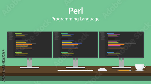 Illustration of Perl programming language code displayed on three monitor in a row at programmer workspace