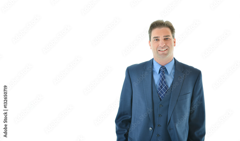 Tired business man standing with a smile on the right side Tired business man standing with a smile on the right side