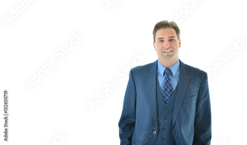 Tired business man standing with a smile on the right side