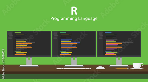 Illustration of R programming language code displayed on three monitor in a row at programmer workspace