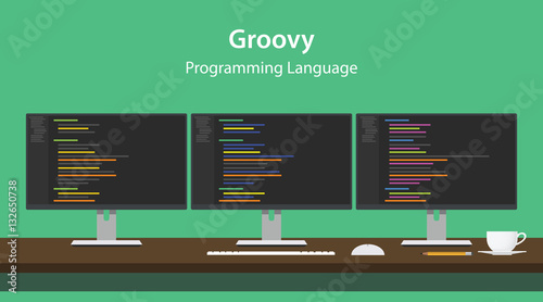 Illustration of Groovy programming language code displayed on three monitor in a row at programmer workspace