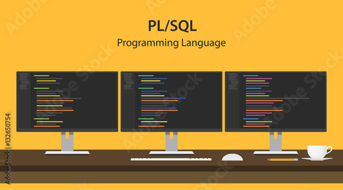 Illustration of PL SQL programming language code displayed on three monitor in a row at programmer workspace