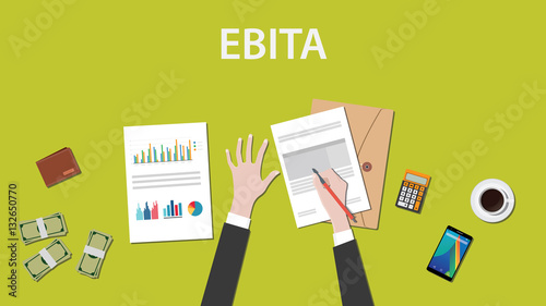 Counting EBITA Earnings Before Interest, Taxes, and Amortization illustration on a table photo