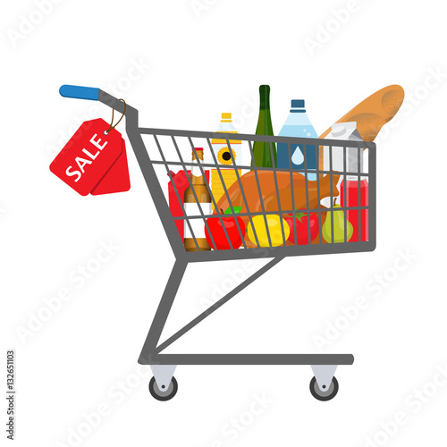 Shopping trolley full of food, products and goods with sale tag. Vector illustration