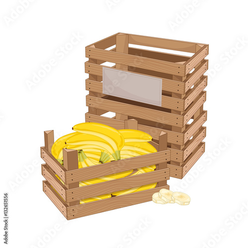 Wooden box full of banana isolated on white background vector illustration. Fresh fruit, organic farming, vegan food, delivery farm product, grocery store. Yellow ripe banana in wooden crate icon.
