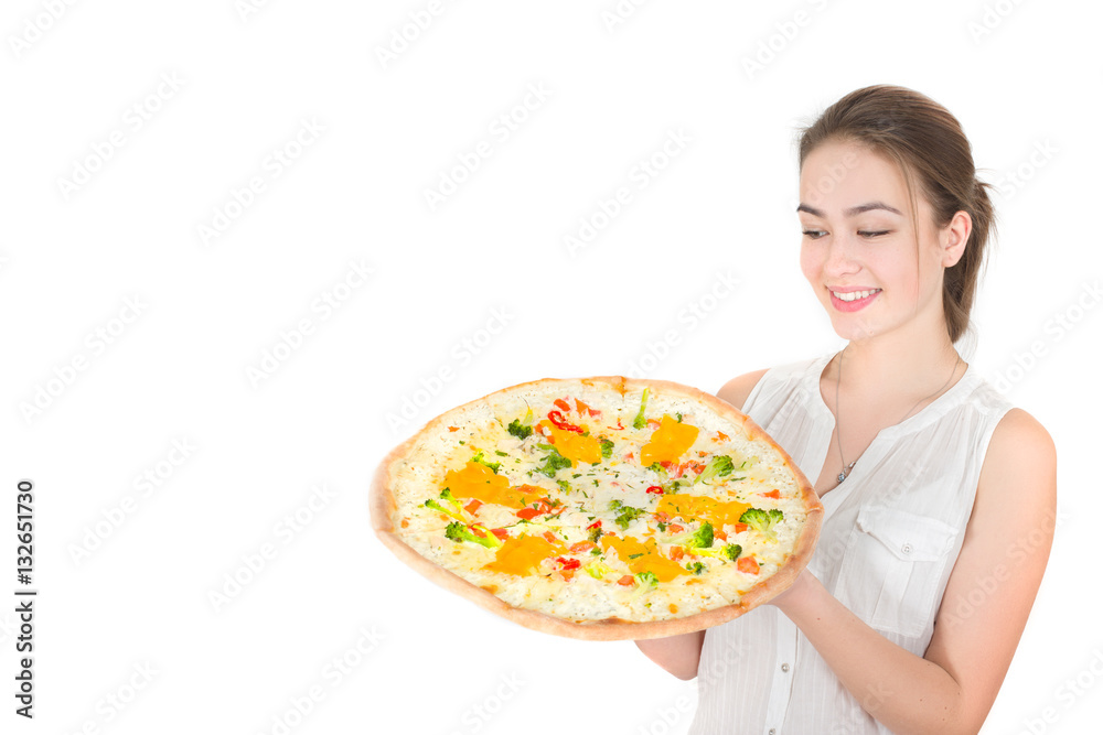 happy woman presents pizza isolated on white background