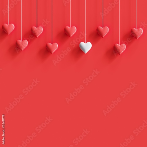 Hanging white tiny heart contrast with many red hearts on red background. minimal concept idea.