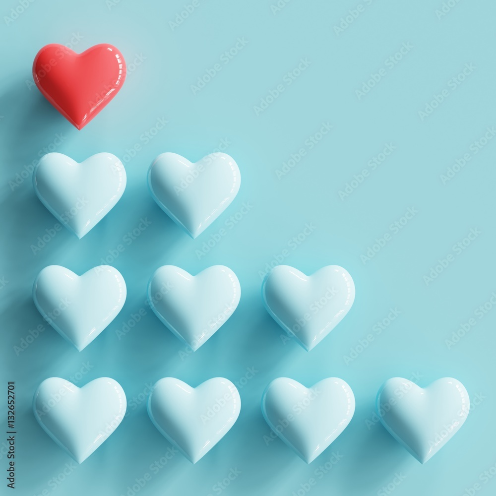 Outstanding Red heart with many blue hearts on pastel blue background. minimal concept. Outstanding Red heart with many blue hearts on pastel blue background. minimal concept.