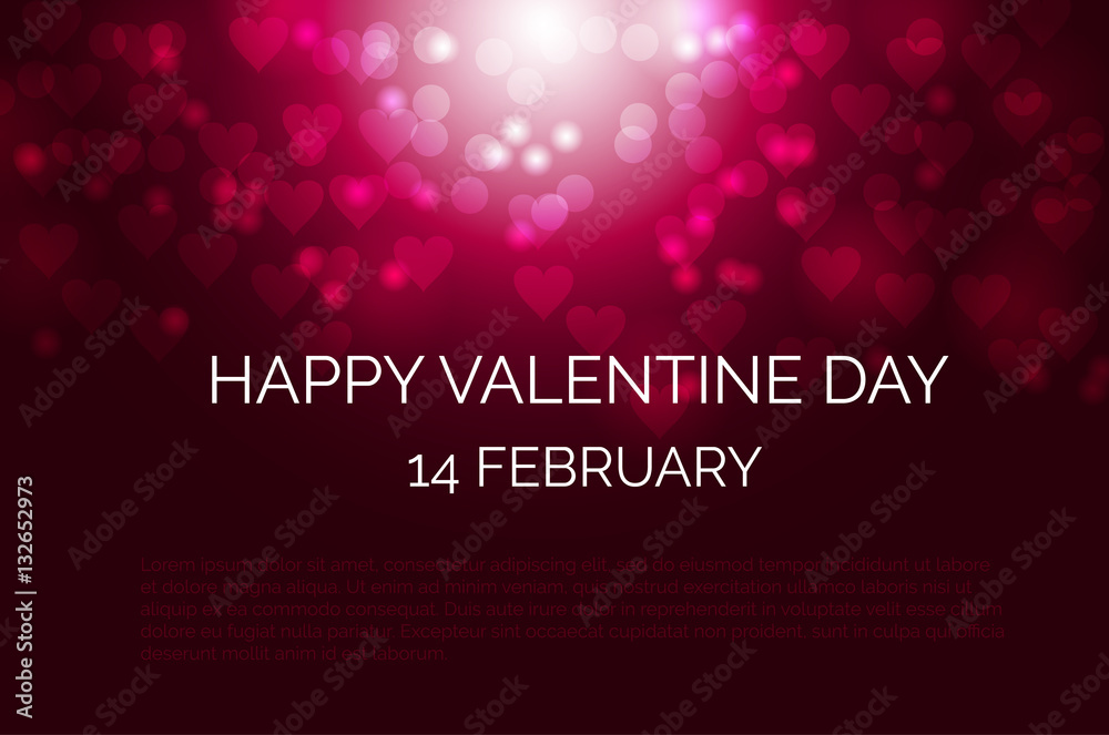 Festive dark red background with heart shape bokeh, defocused lights for Valentine day