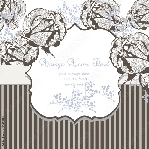 Vintage Card with ink Roses Vector. Poster for weddings, ceremony, events. Hand drawn engraved technique. Brown color