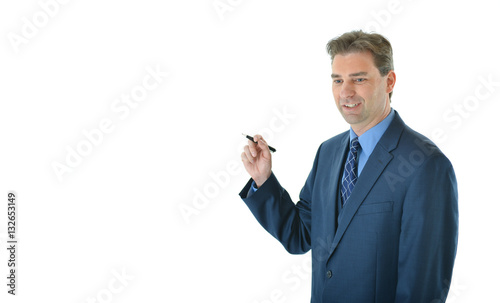 Business man holding a pen or presenting to clients