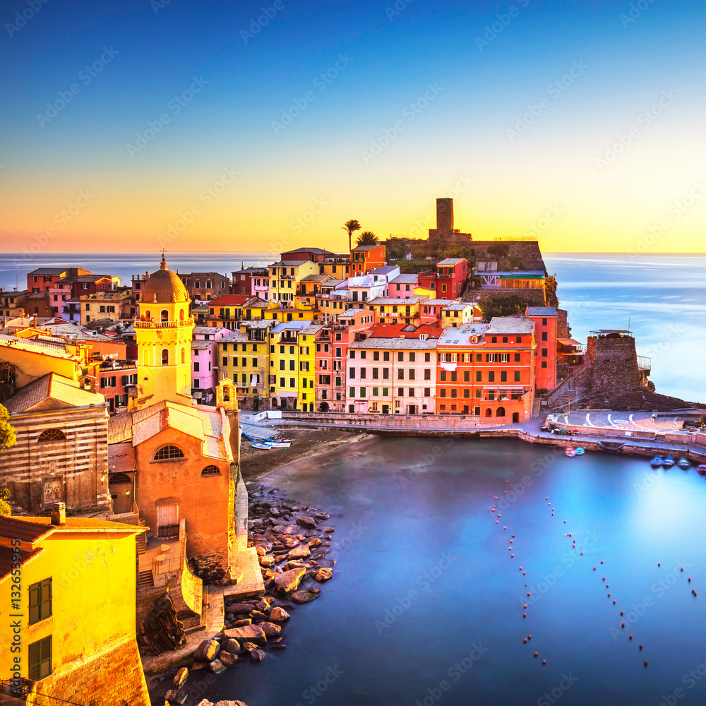 Vernazza, panoramic view on sunset. Cinque Terre, Ligury Italy