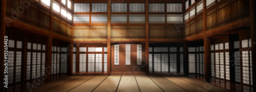 3d rendered illustration of karate dojo background. Karate school is out of focus to be used as a photographic backdrop.