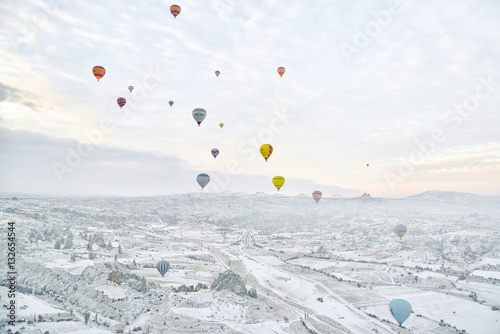 Colorful Hot Air Balloons Over Cappadocia During Winter in Turkey