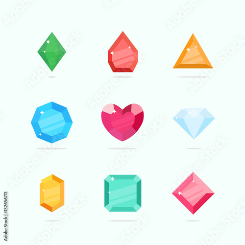 Cartoon vector gems and diamonds set in a flat style