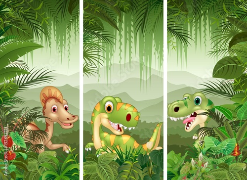 Set of dinosaur with tropical forest background    