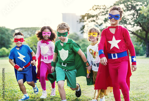 Superheroes Cheerful Kids Expressing Positivity Concept