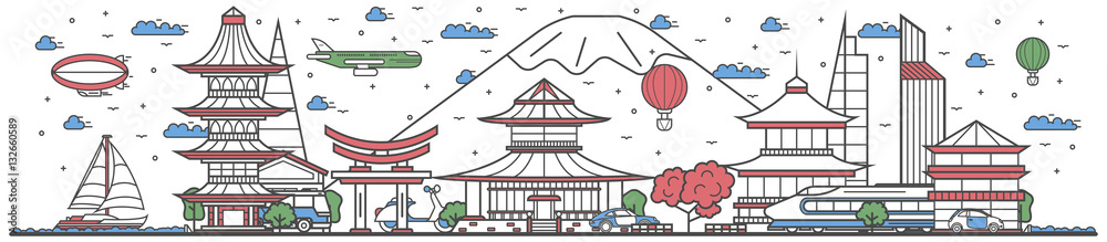 Travel in Japan country banner vector illustration. Worldwide traveling concept with famous modern and ancient architectural attractions. Japan country landmark panorama, tourist line design poster.