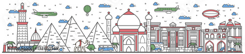 Travel in Egypt country banner vector illustration. Worldwide traveling concept with famous modern and ancient architectural attractions. Egypt country landmark panorama, tourist line design poster.