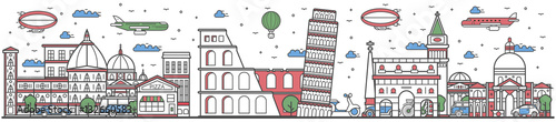 Travel in Italy country banner vector illustration. Worldwide traveling concept with famous modern and ancient architectural attractions. Italy country landmark panorama, tourist line design poster.