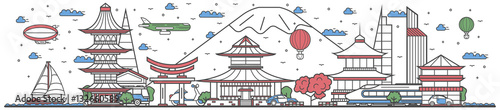 Travel in Japan country banner vector illustration. Worldwide traveling concept with famous modern and ancient architectural attractions. Japan country landmark panorama, tourist line design poster.