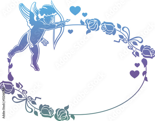 Cupid with bow hunting for hearts. Color gradient frame with Cupid, roses and hearts. Copy space. Raster clip art. photo