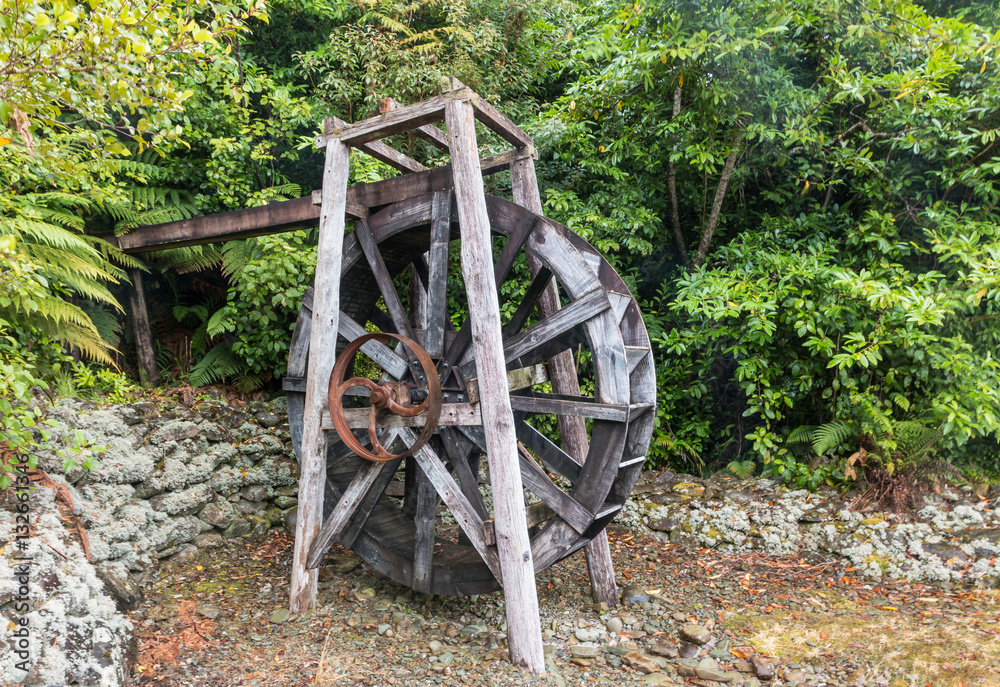closeup of old wooden water mill wheel