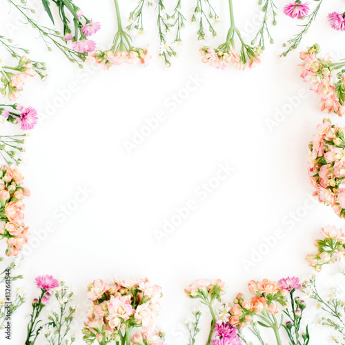 Wildflowers frame. Flat lay, top view. Valentine's background