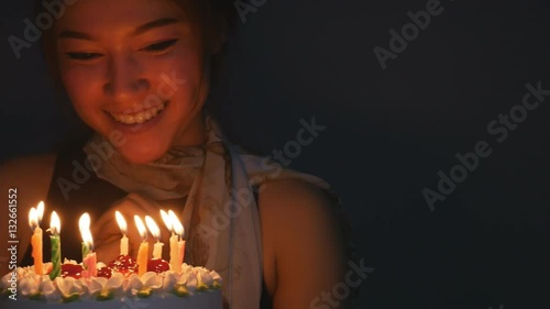 Panning shot of Slow motion Birthday sexy woman and cake with candles