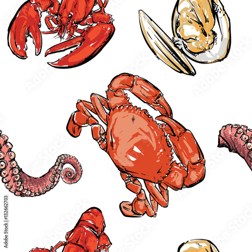 Seafood pattern including seamless, Hand drawn vector clip art