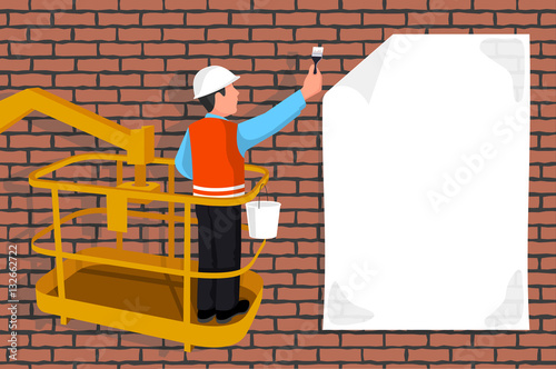Worker standing in an assembly cradle glues a paper banner representing the place for your text.