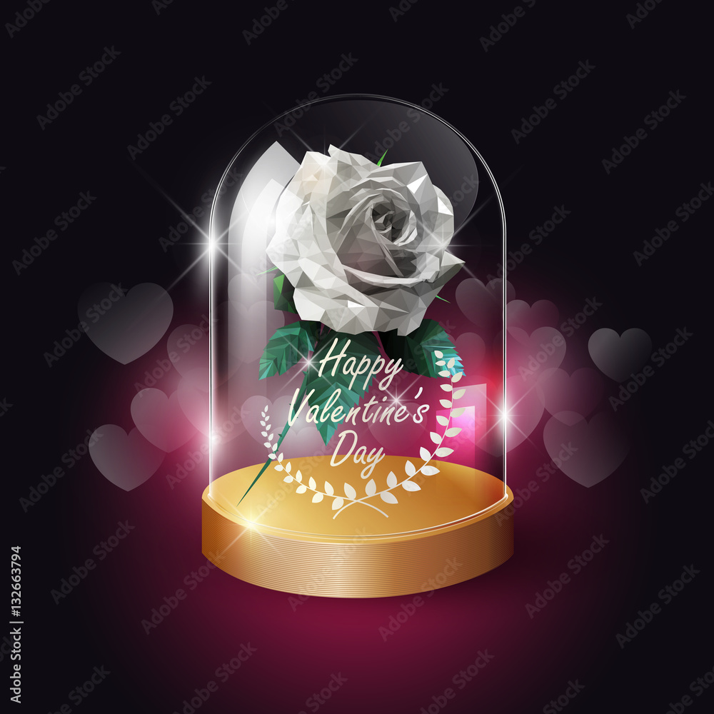 Transparent glass dome and white rose lowpoly style on heart bokeh