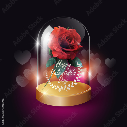 Transparent glass dome and red rose lowpoly style on heart bokeh background with Valentine's day concept, vector background