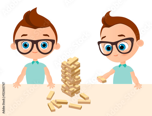 Boys play in wood game - jenga. Boy with glasses. Vector illustration eps 10. Flat cartoon style.