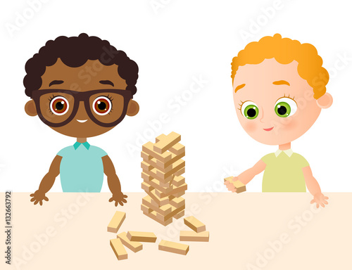 Boys play in wood game - jenga. African American Boy with glasses. Vector illustration eps 10. Flat cartoon style.
