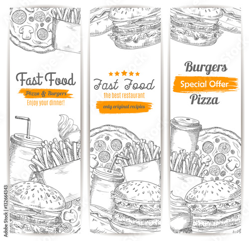 Fast food restaurant menu sketch banner set