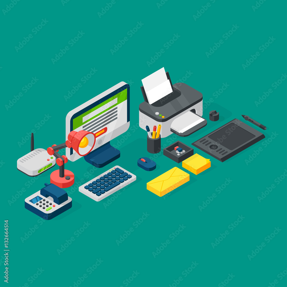 Isometric office equipment vector Isometric office equipment vector