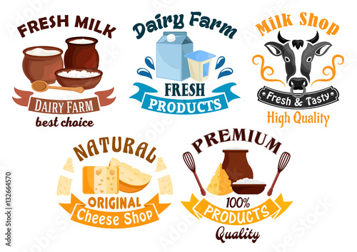 Milk and cheese shop, dairy farm cartoon badge set