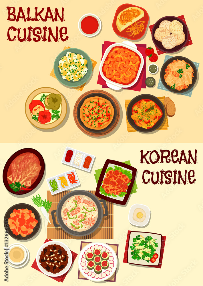 Korean and balkan cuisine dinner icon set Korean and balkan cuisine dinner icon set