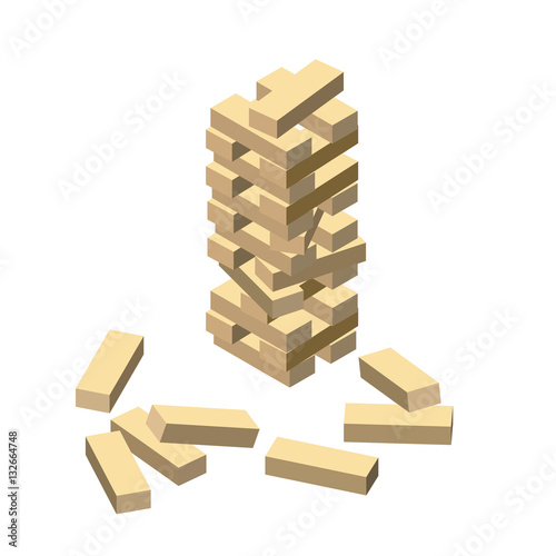 Wood game - jenga. Wooden blocks. Vector illustration eps 10 isolated on white background. Isometric cartoon style. photo