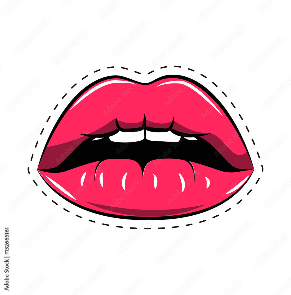 Female lips. Mouth with a kiss, smile, tongue, teeth. Vector comic illustration in pop art retro style isolated on white Female lips. Mouth with a kiss, smile, tongue, teeth. Vector comic illustration in pop art retro style isolated on white
