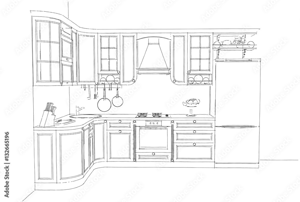 Sketch drawing of classic kitchen 3d